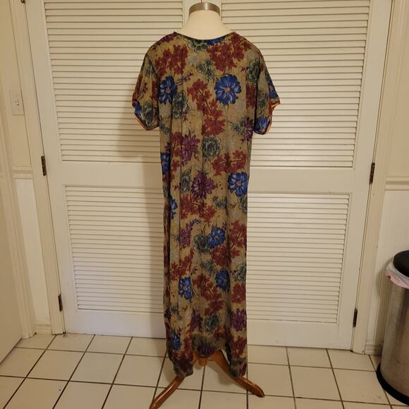 Vintage 80s Floral Cotton Nightgown Flow Dress Yoke Nightwear XL Green Sheer - Picture 4 of 7